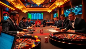 Engaging sports betting scene highlighting เทคนิคแทงบอล with dynamic table action in a luxury casino atmosphere.