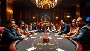 KJC poker table with players engaging in strategic gameplay and vibrant chips.