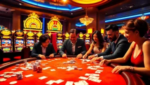 Engage in thrilling games at hay.win's luxurious casino setting with poker chips and vibrant slots.