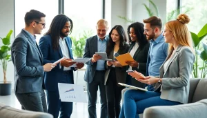 Discover business growth insights through a diverse team collaborating in a modern office space.