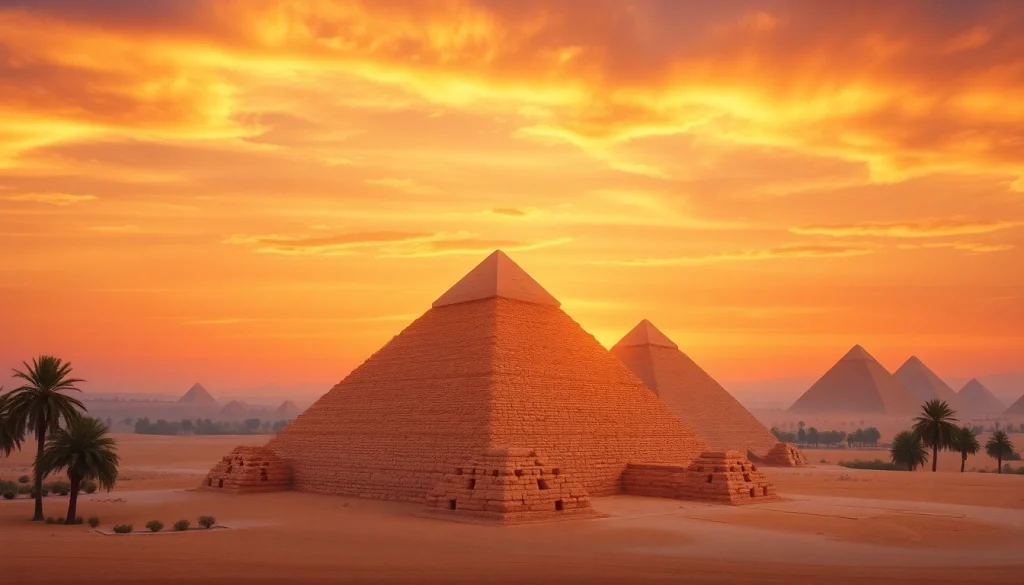 View of the majestic pyramids, depicting the magnificence of piraminds in golden sunset.