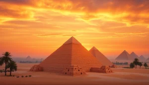 View of the majestic pyramids, depicting the magnificence of piraminds in golden sunset.