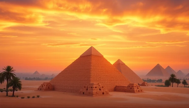 View of the majestic pyramids, depicting the magnificence of piraminds in golden sunset.