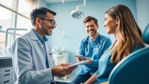 Smart orthodontist discussing スマイルモア矯正 口コミ in a modern clinic setting.