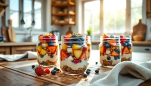 Enjoy vibrant mason jar breakfast bowls filled with fruits and granola, promoting https://masonjarbreakfast.com.