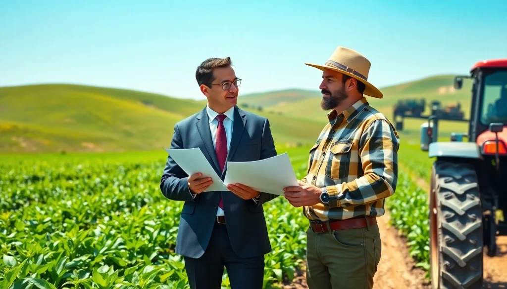 Engaging agriculture law consultation between a lawyer and farmer in a verdant field.