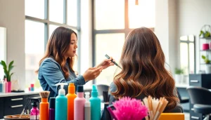 Hairstylist Craiova providing a hair makeover in a vibrant salon atmosphere.