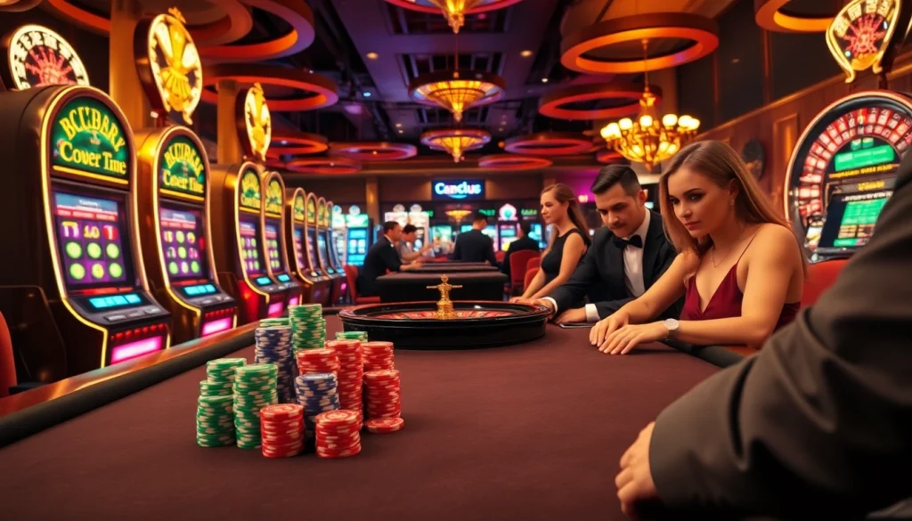 Players engaging in high-stakes poker at topclub, framed by vibrant slot machines and roulette wheel.