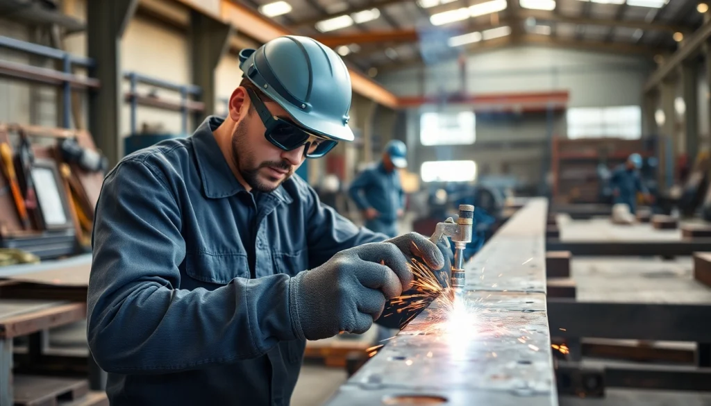 Expert structural steel welding with a skilled welder at work amid a busy workshop.