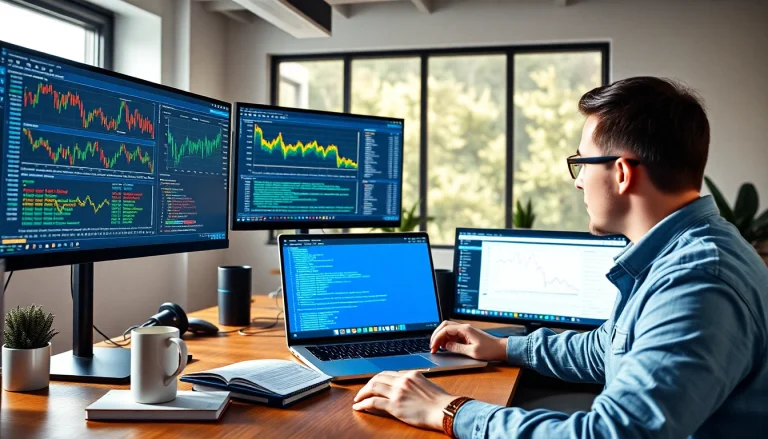 Web scrapping visual of a developer analyzing Amazon price data on dual monitors with financial charts.