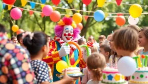 Engaging birthday party entertainers delight children with balloon animals at an outdoor celebration.