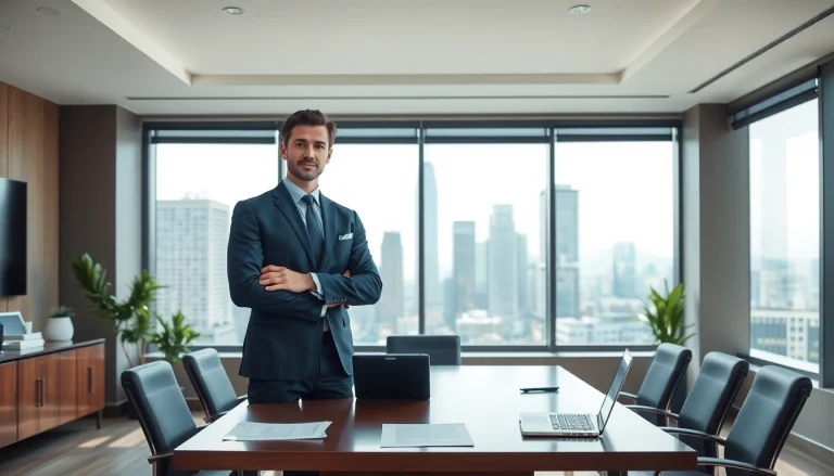 Real estate lawyer confidently advising clients in a modern office setting.