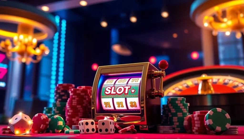 Putar mesin Slot Pulsa yang dikelilingi oleh keping poker berwarna-warni dan dadu di kasino mewah.