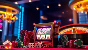 Putar mesin Slot Pulsa yang dikelilingi oleh keping poker berwarna-warni dan dadu di kasino mewah.