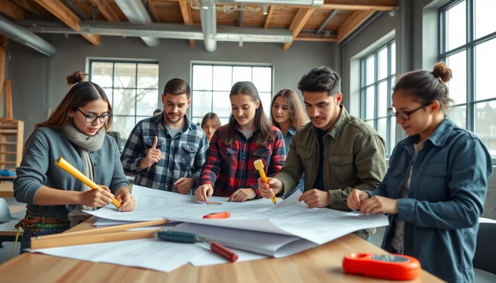 Students participating in construction classes, learning hands-on in a bright classroom.