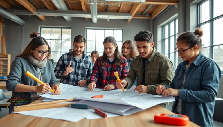 Students participating in construction classes, learning hands-on in a bright classroom.