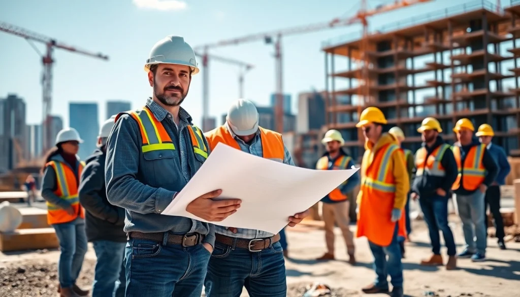 New Jersey General Contractor supervising a construction team in a vibrant urban setting.