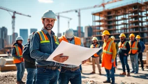 New Jersey General Contractor supervising a construction team in a vibrant urban setting.