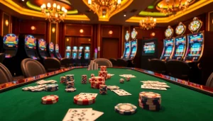 Sbobet login terbaru displayed at a luxurious casino table with poker chips and cards.