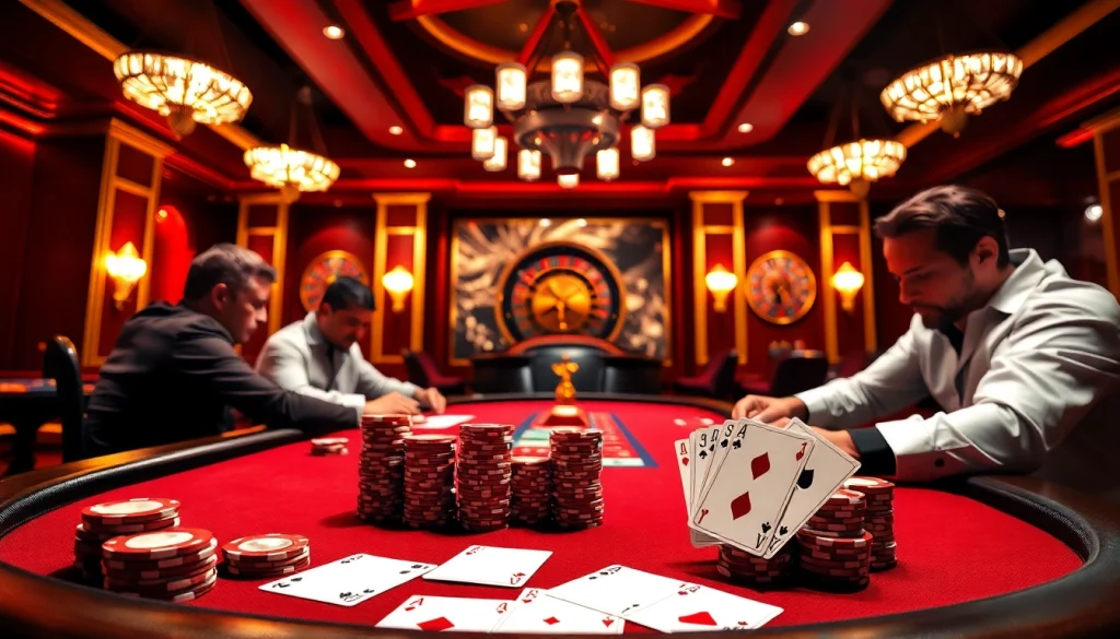 NK88 poker players at a high-stakes table celebrating a winning hand.