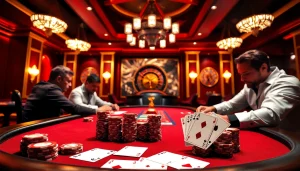 NK88 poker players at a high-stakes table celebrating a winning hand.