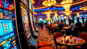 Permainan judi slot depo 1k dengan layar berwarna cerah dan pemain yang antusias.