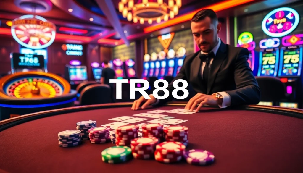 Players engaging at a high-stakes poker table, showcasing the TR88 excitement of casino gaming.