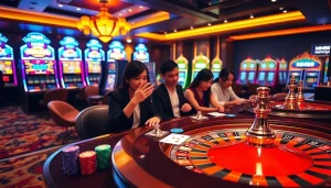 Players winning at an MM88-themed online casino table surrounded by engaging slot machines.