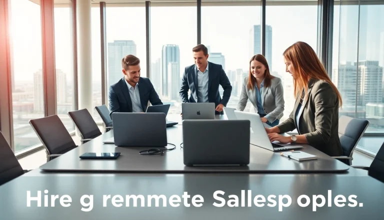 Engaged team meeting discussing strategies to hire remote salespeople effectively.