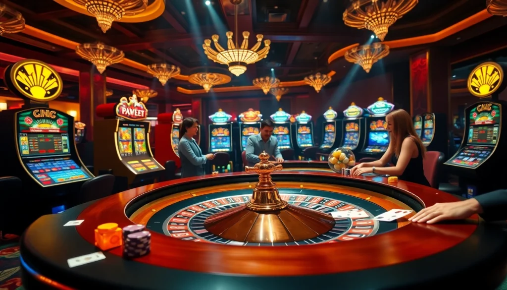 Exciting MK8 casino scene with roulette, joyful players, and vibrant slot machines.