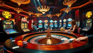 Exciting MK8 casino scene with roulette, joyful players, and vibrant slot machines.