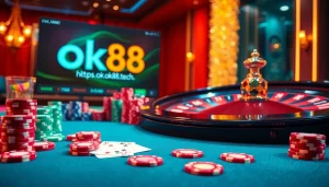 Experience the excitement of online gambling at https://ok88.tech/ with vibrant cards and chips on a luxurious casino table.