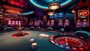 Experience thrilling betting at https://i5bet.it.com/ with players immersed in a captivating casino scene featuring poker and roulette.