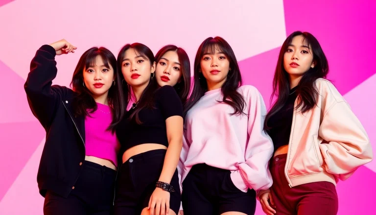 Four blackpink members posing with confidence against a vivid pink-black backdrop.