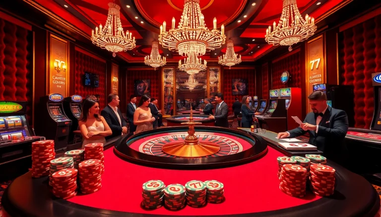 Experience high-stakes excitement with seven 77 at a vibrant casino table filled with colorful chips and players.