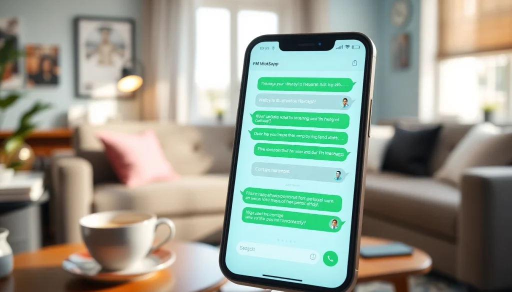 Engaging smartphone interface of FM WhatsApp showcasing innovative messaging features in a cozy setting.