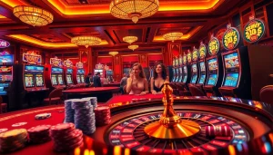 U888 players engaging in thrilling casino games with vibrant slot machines and roulette tables.
