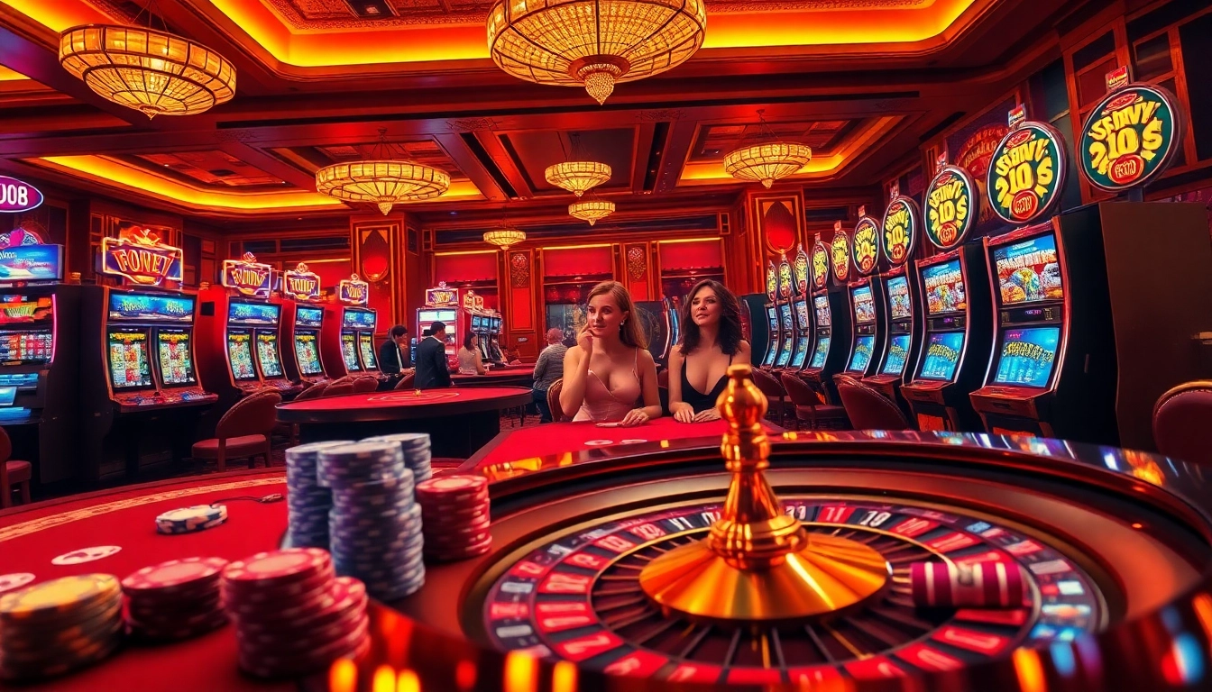 U888 players engaging in thrilling casino games with vibrant slot machines and roulette tables.