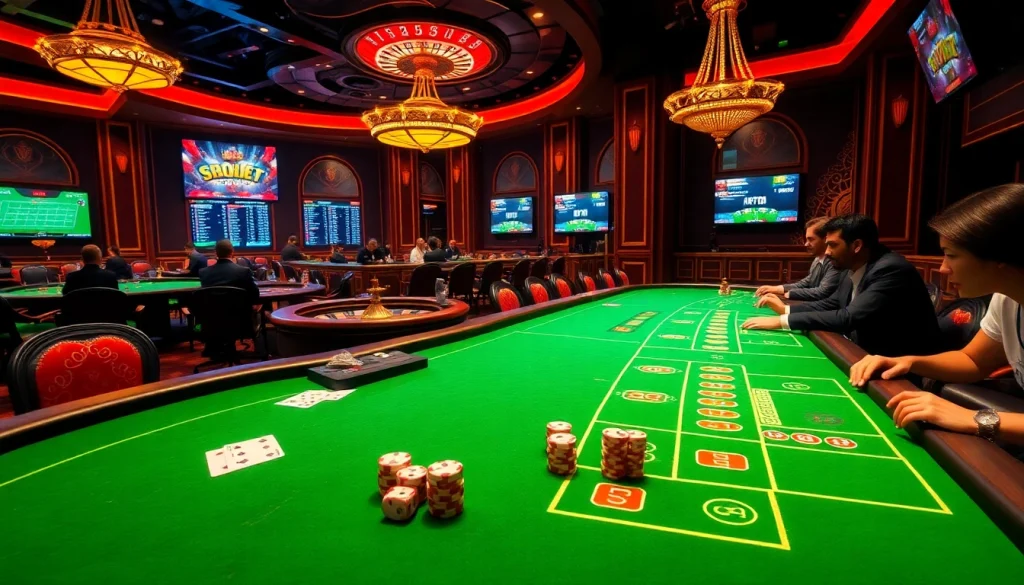 Players enjoying sbobet betting at a luxurious casino table with poker chips and cards.