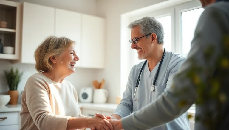 Engaging moment of austin senior home care with a caregiver and senior enjoying time together in a cozy kitchen.