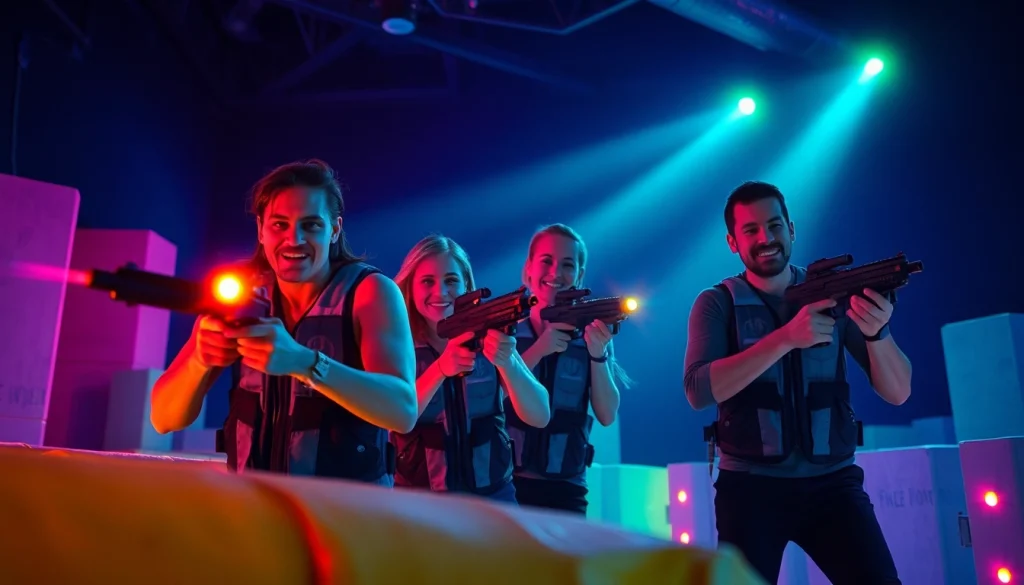 Exciting laser tag experience with players in action amidst colorful neon lights.