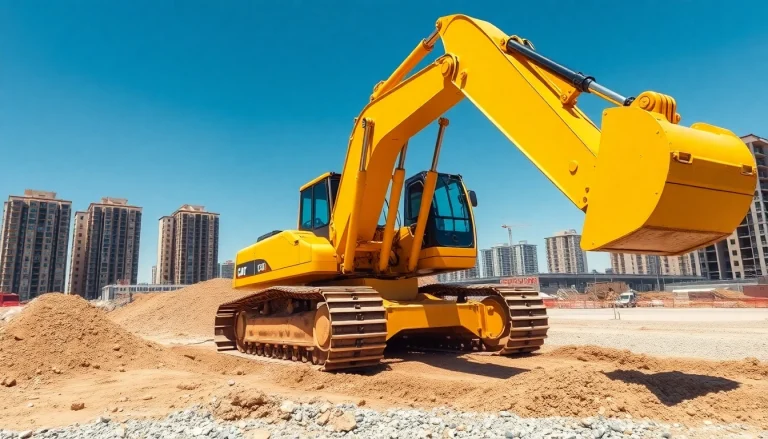 Rent excavators actively working at a vibrant construction site with urban development.