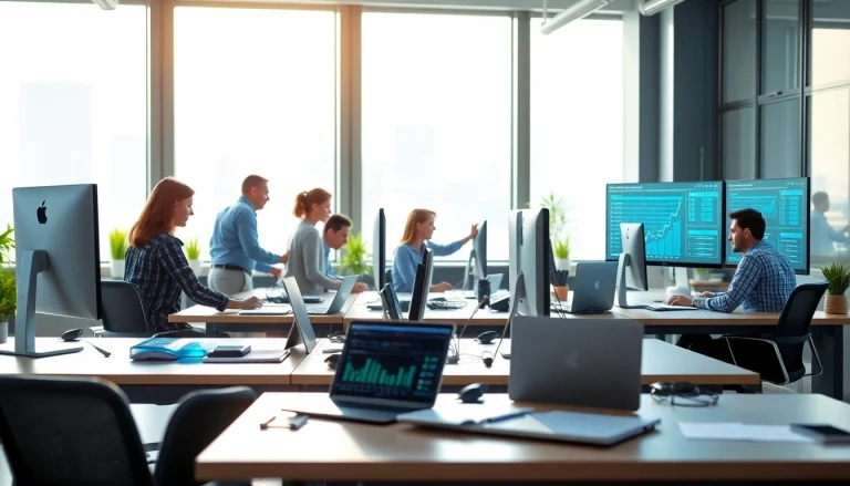 Showcasing an engaged team in an AI automation agency in UK, collaborating in a modern office space.