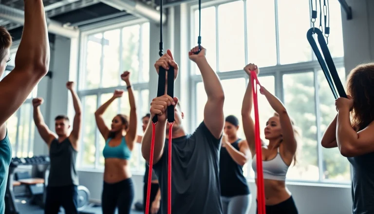 Individuals using pull-up assist bands in a vibrant fitness studio setting.