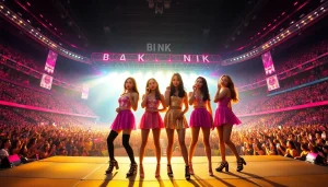 Capture BLACKPINK news featuring the group performing energetically on stage, with vibrant lights and fans cheering.