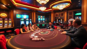RR88-themed casino scene with poker, vibrant slots, and an inviting atmosphere.