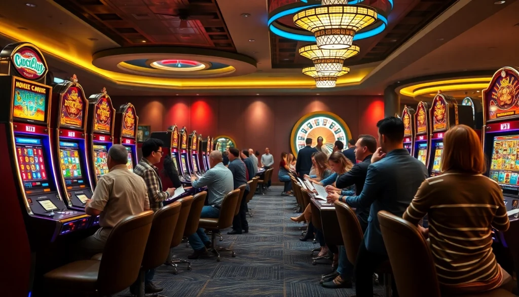 Nikmati permainan seru dengan slot depo 5k di lingkungan kasino mewah, menampilkan mesin yang berwarna-warni dan pemain yang bersemangat.