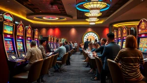 Nikmati permainan seru dengan slot depo 5k di lingkungan kasino mewah, menampilkan mesin yang berwarna-warni dan pemain yang bersemangat.