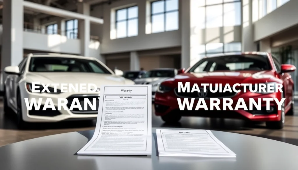 Analyze the differences between extended car warranty vs manufacturer extended warranty documents on a modern showroom display.