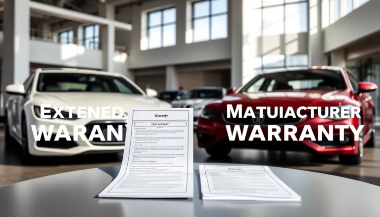 Analyze the differences between extended car warranty vs manufacturer extended warranty documents on a modern showroom display.